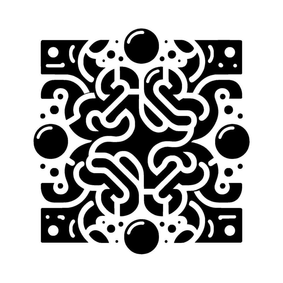 Symmetrical Black and White Abstract Intricate Geometric Pattern with Flowing Lines and Circular Elements. vector