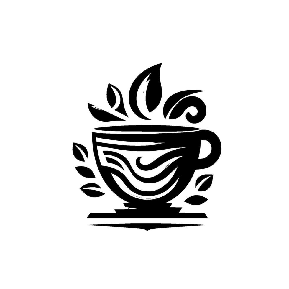 A stylized black and white illustration of a coffee cup with swirling steam and leaf accents, set on a minimalistic stand. vector