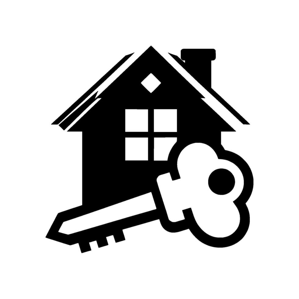 Black and white illustration a stylized house with a key, representing real estate, homeownership, and security. vector