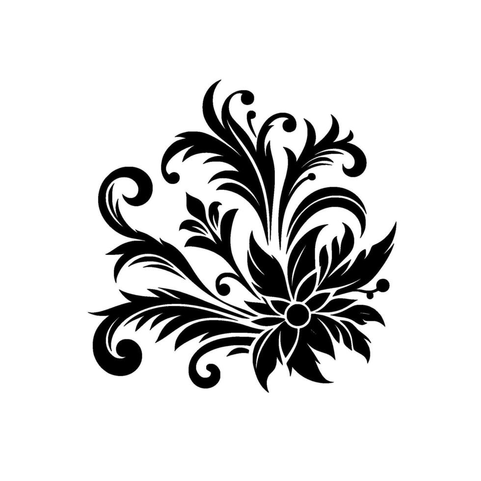 Elegant black floral , showcasing intricate leaves, swirls, and a central flower on a stark white background. vector