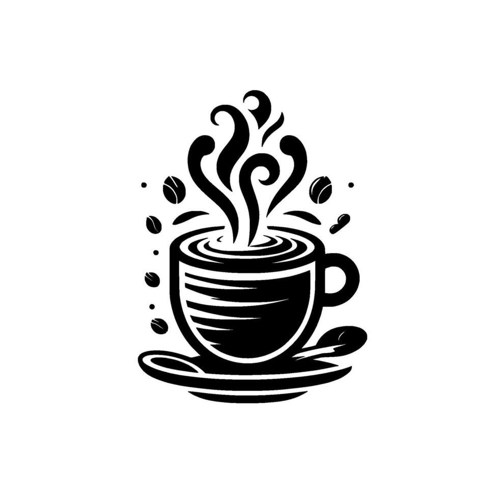 Stylized black and white coffee cup with swirling steam, beans, and saucer, embodying warmth and aroma. vector