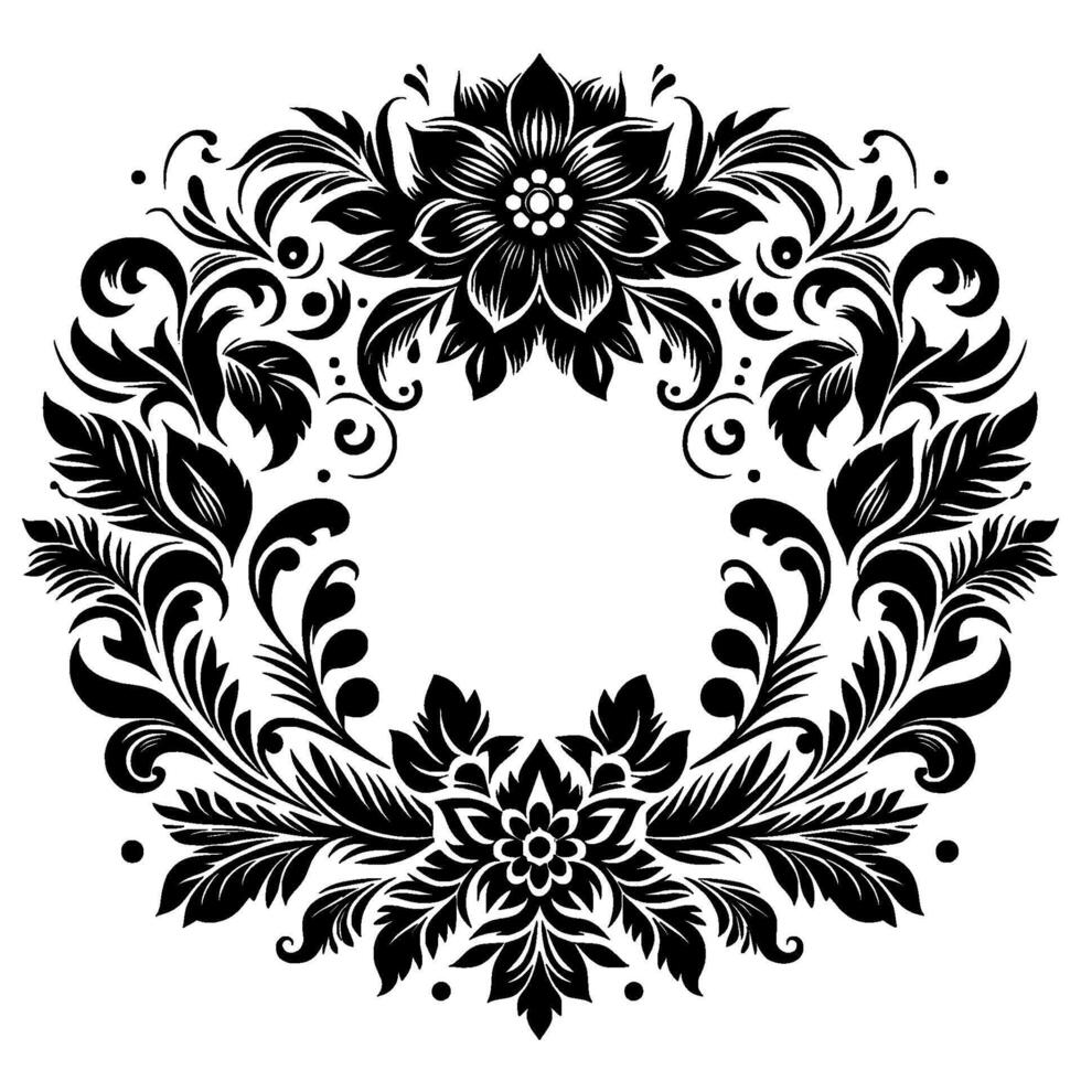 Intricate Black and White Floral Wreath A symmetrical illustration with detailed flowers, leaves, and curling embellishments, forming a circular frame with a central white space. vector