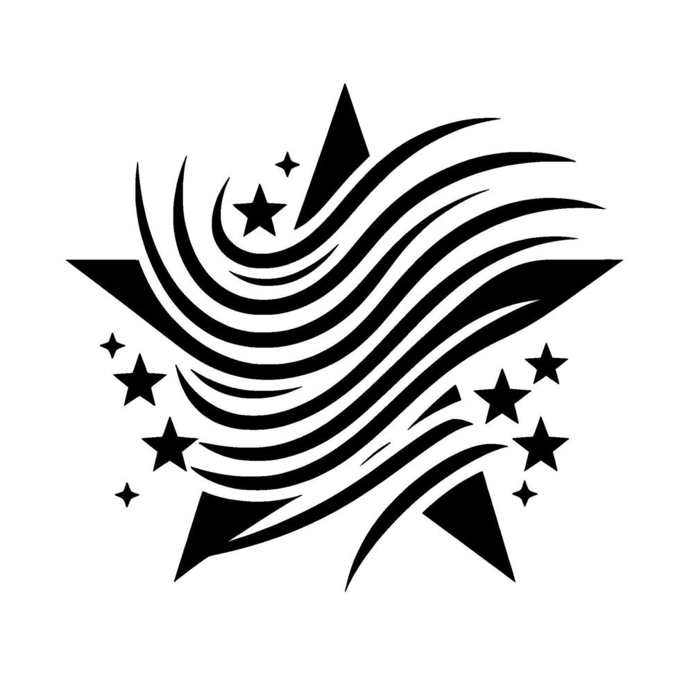 Starburst A Black and White Star with Flowing Lines and Smaller Star Elements on a White Background. vector