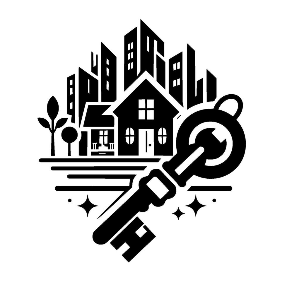 Black White Art Depicting a Key and Houses Symbolizing Real Estate, Homeownership, and the Cityscape vector