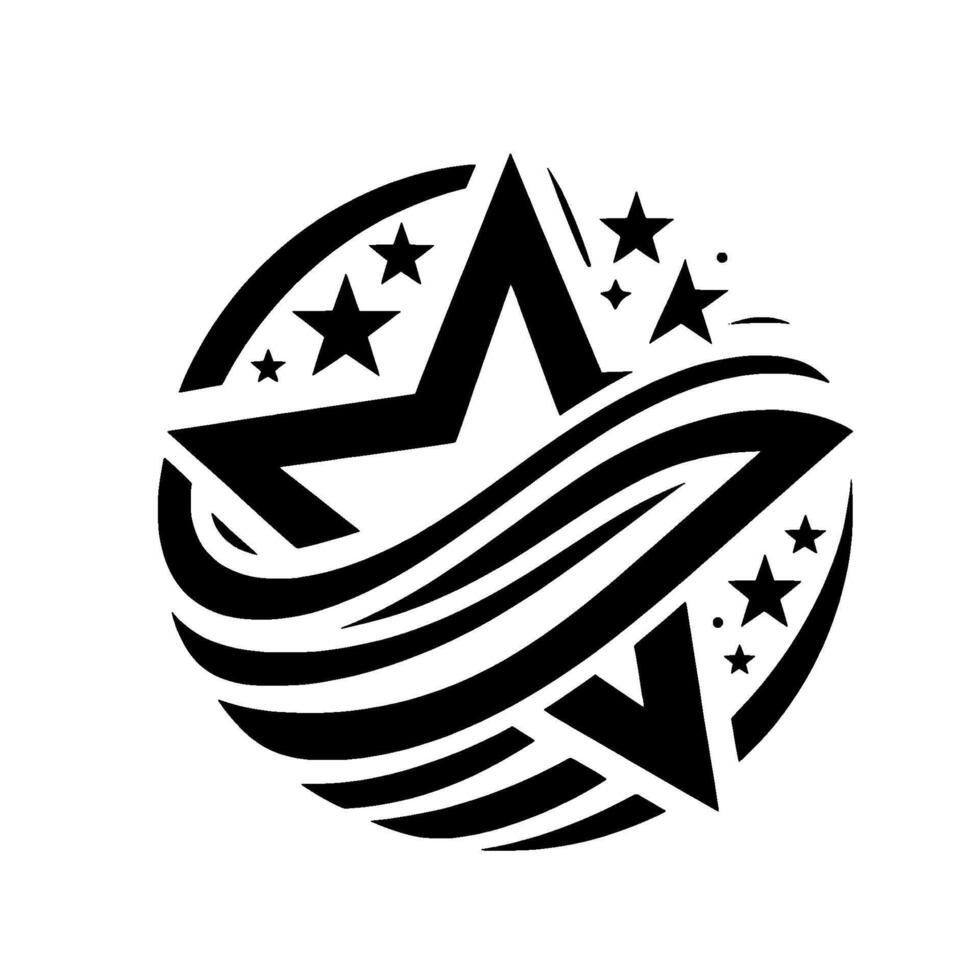 Bold Black and White Circular Emblem Central Star, Flowing Stripes, and Scattered Stars on White Backdrop. vector
