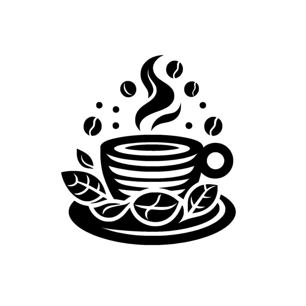 Minimalist black and white coffee cup , adorned with beans, steam, leaves, and a saucer, perfect for a cafe or beverage brand. vector