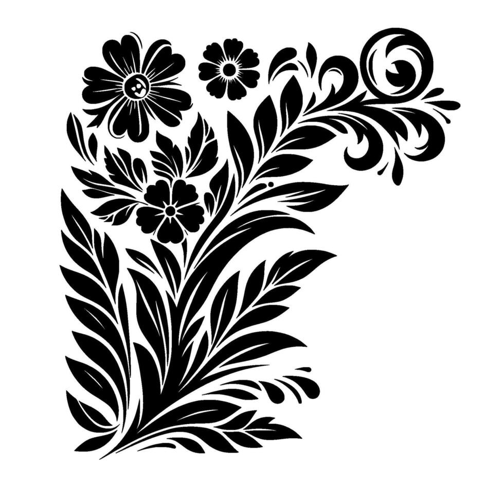 Elegant Floral Corner Black and White Illustration Featuring Stylized Flowers, Leaves, and Scrolling Vines on a White Background. vector