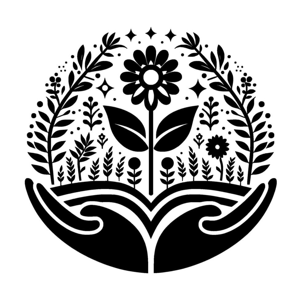 Black and White Circular Illustration of Hands Cupping a Garden of Flowers, Leaves, and Stars. vector