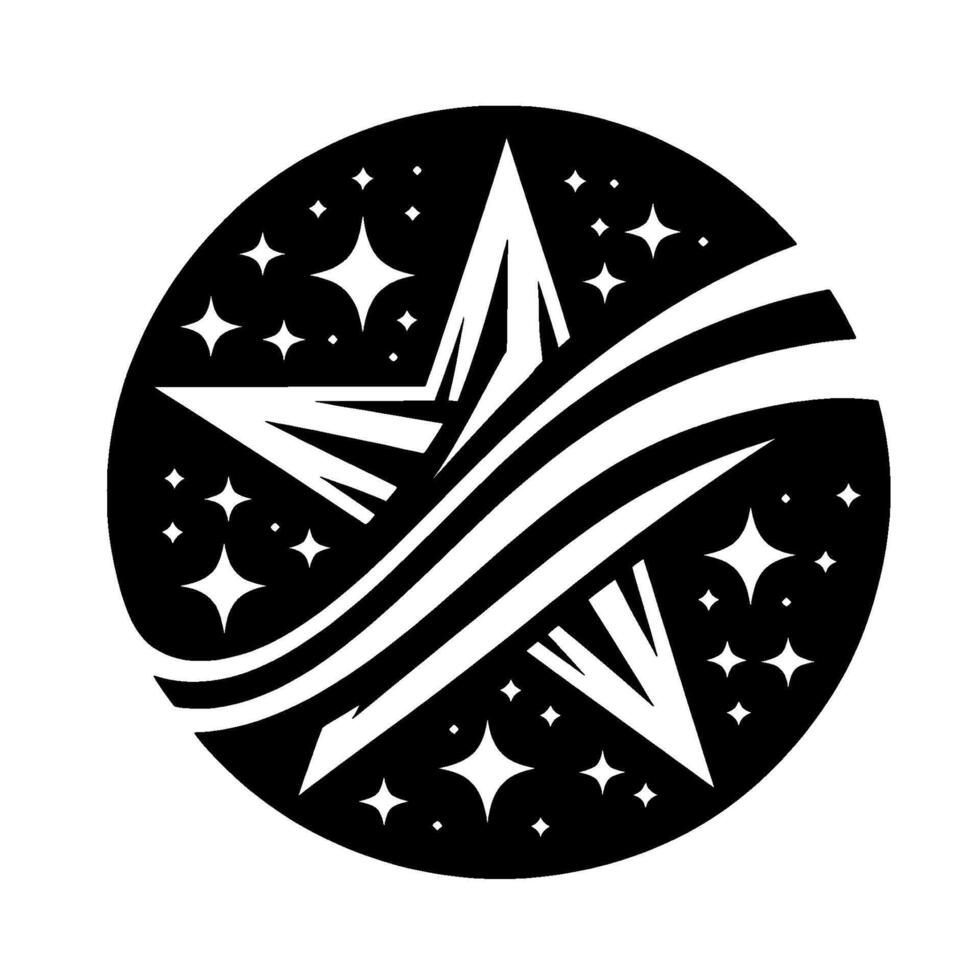 Bold Black and White Illustration of a Starburst Inside a Circle with Twinkling Stars and Streamer Lines, Clean and Modern vector