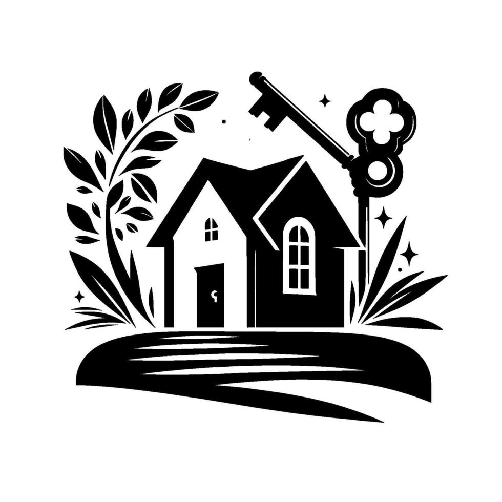 A monochrome illustration of a house with a large key, symbolizing home ownership and security, with foliage and stars. vector
