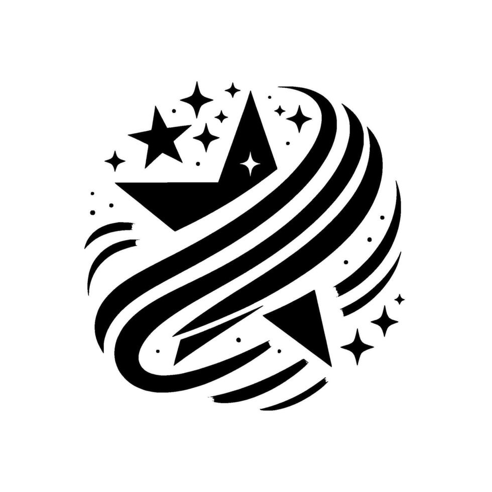 Circular Black and White Illustration of Stars and Swirling Lines, Creating a Dynamic, Modern . vector