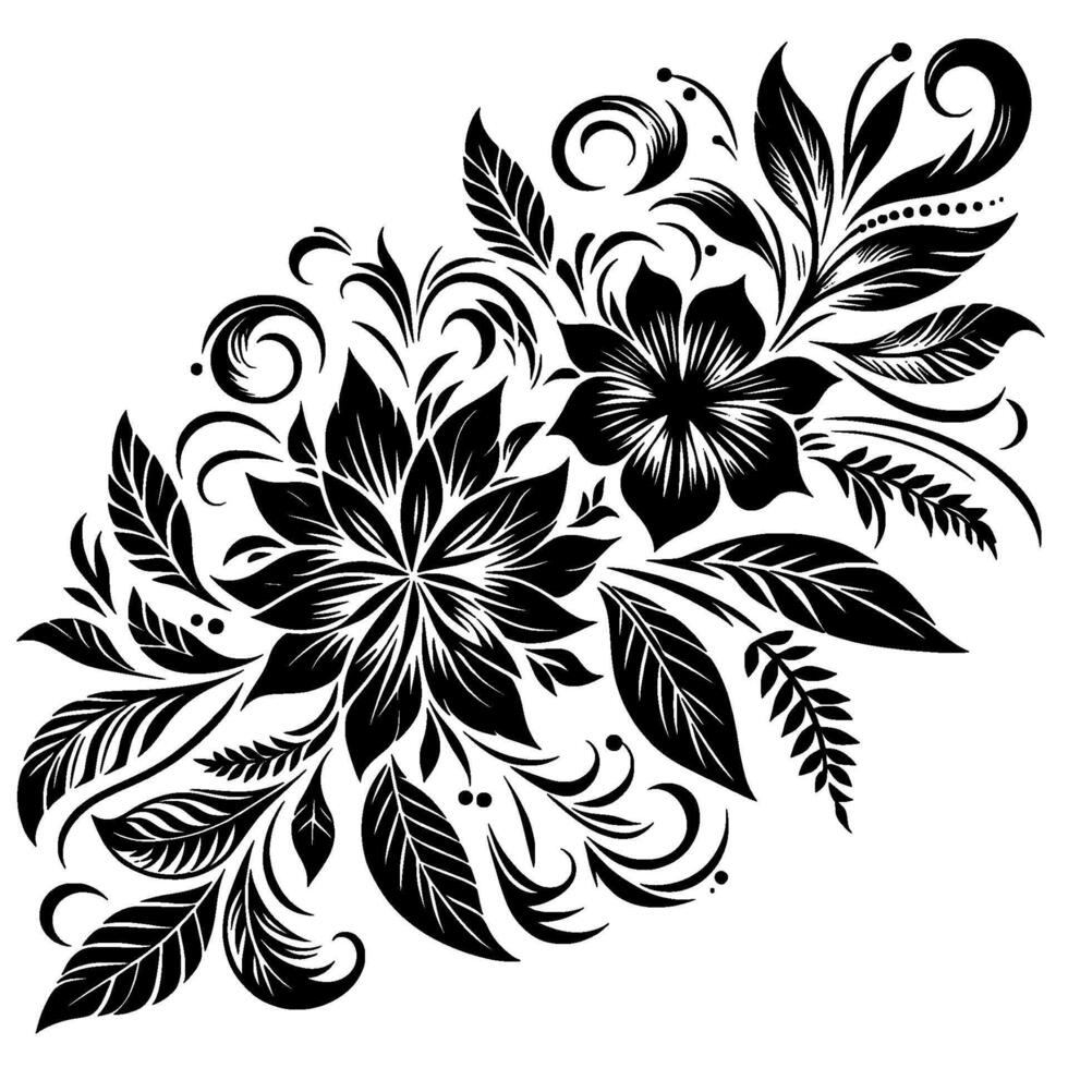 Intricate Black and White Floral Arrangement on White Background, Featuring Detailed Petals, Leaves, and Ornate Curls, Creating a Decorative . vector