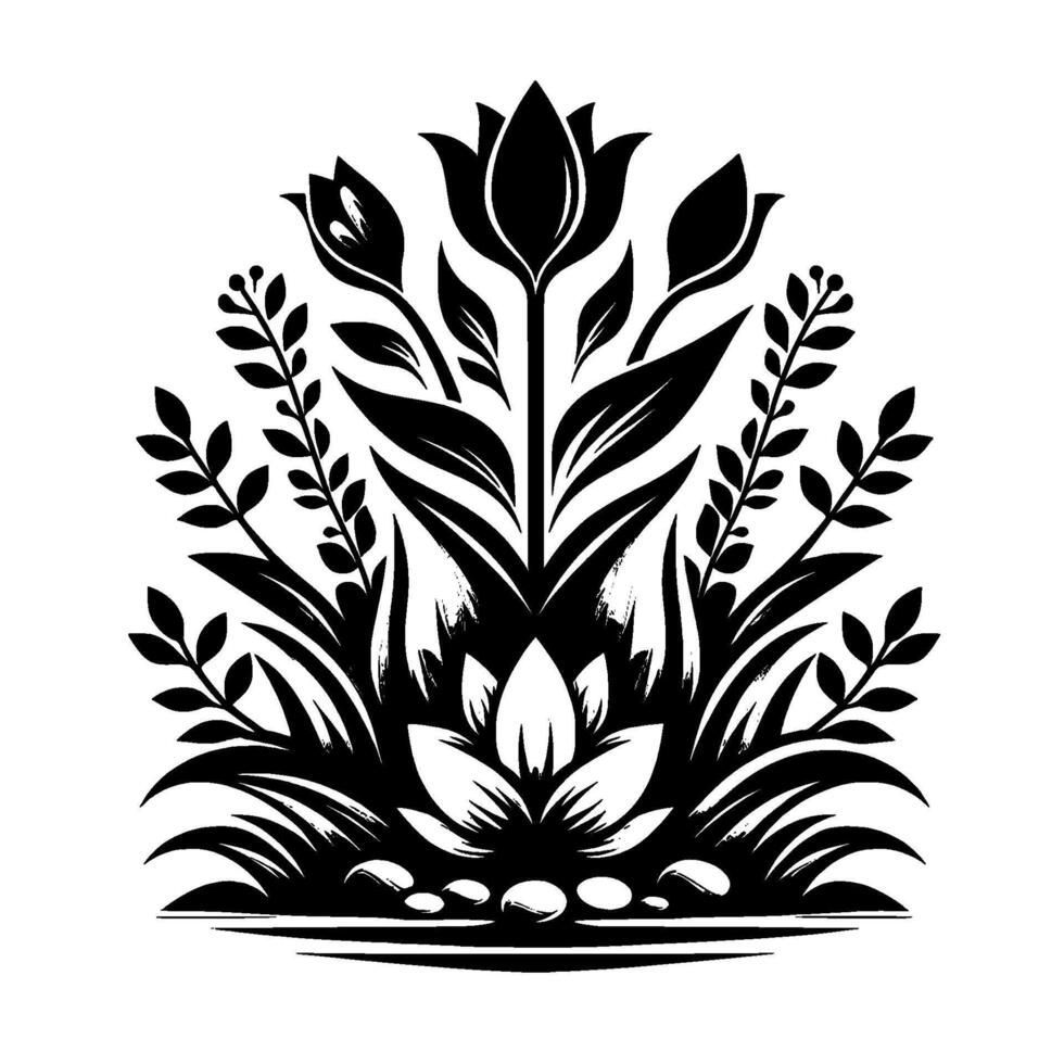 Elegant Black White Floral Crest Symmetrical Botanical Arrangement, featuring tulips, leaves, and a lotus, evocative for decor. vector