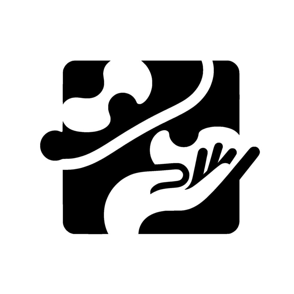 Symbolic Black and White Hand holding a puzzle piece, representing problemsolving, teamwork, and support within a rounded square. vector