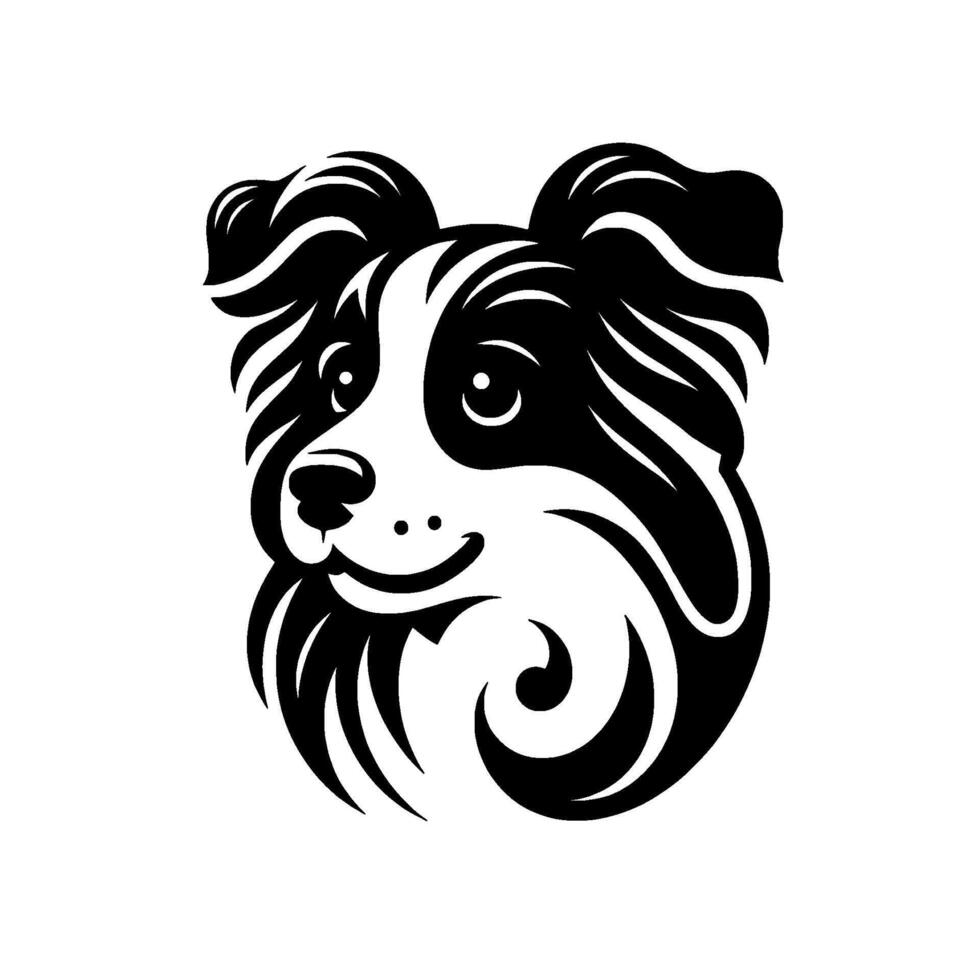 Black White Artistic Border Collie Head Modern Illustration with TribalInspired Swirls Friendly Expression. vector