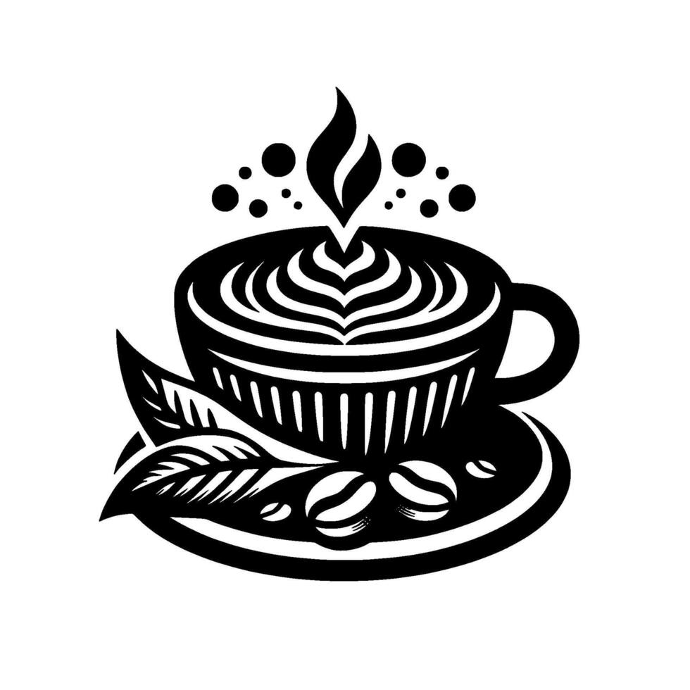 Artistic Black and White Coffee Cup Illustration with Latte Art, Leaf, and Coffee Beans on a Saucer, in a Minimalist Style. vector