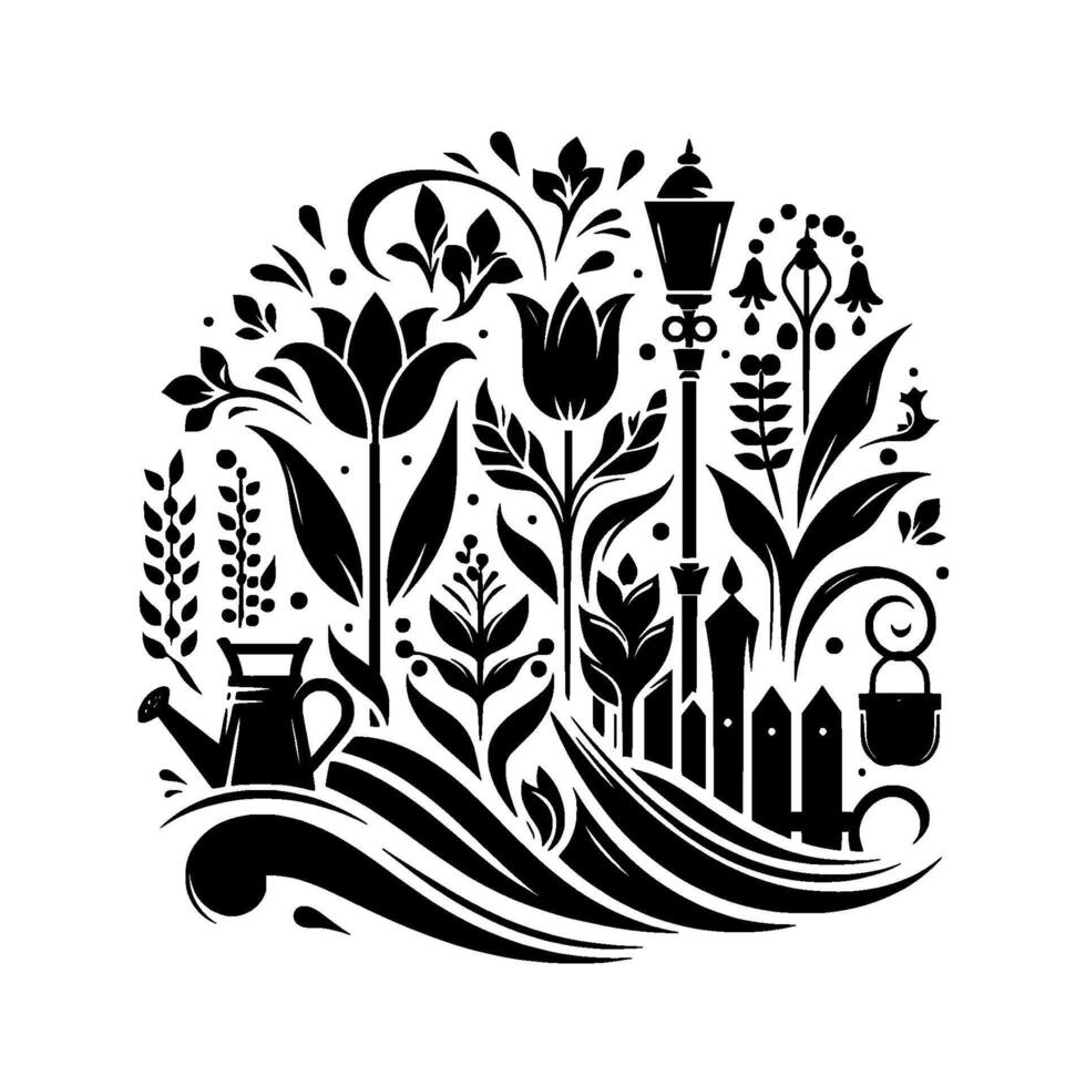 Decorative Garden Illustration with Tulips, Lamp Post, Watering Can, Fence, and Floral Elements in Black and White. vector