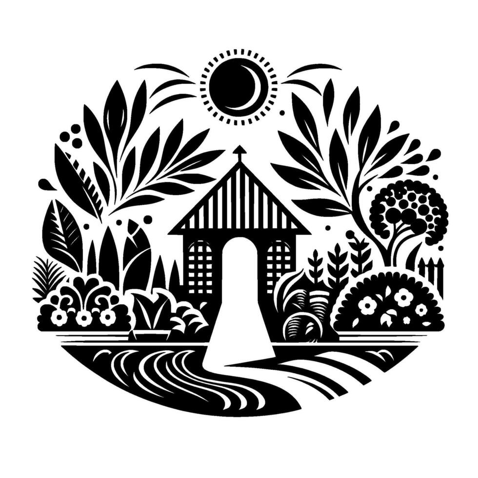Serene Black and White Garden Illustration A Gazebo Pathway, Lush Foliage, and a Stylized Sun Enclosed in a Circular Composition vector