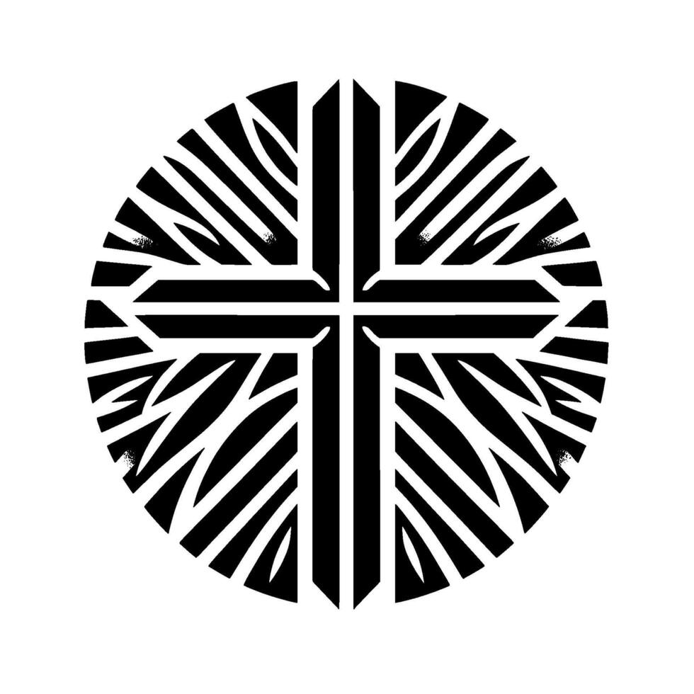 Black and White Symbolic Cruciform Encircled by Stylized Radial Leaves, Geometric and Abstract Composition. vector