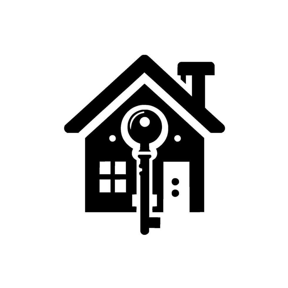 Black and white of a house with a key overlaid, representing real estate or homeownership. vector