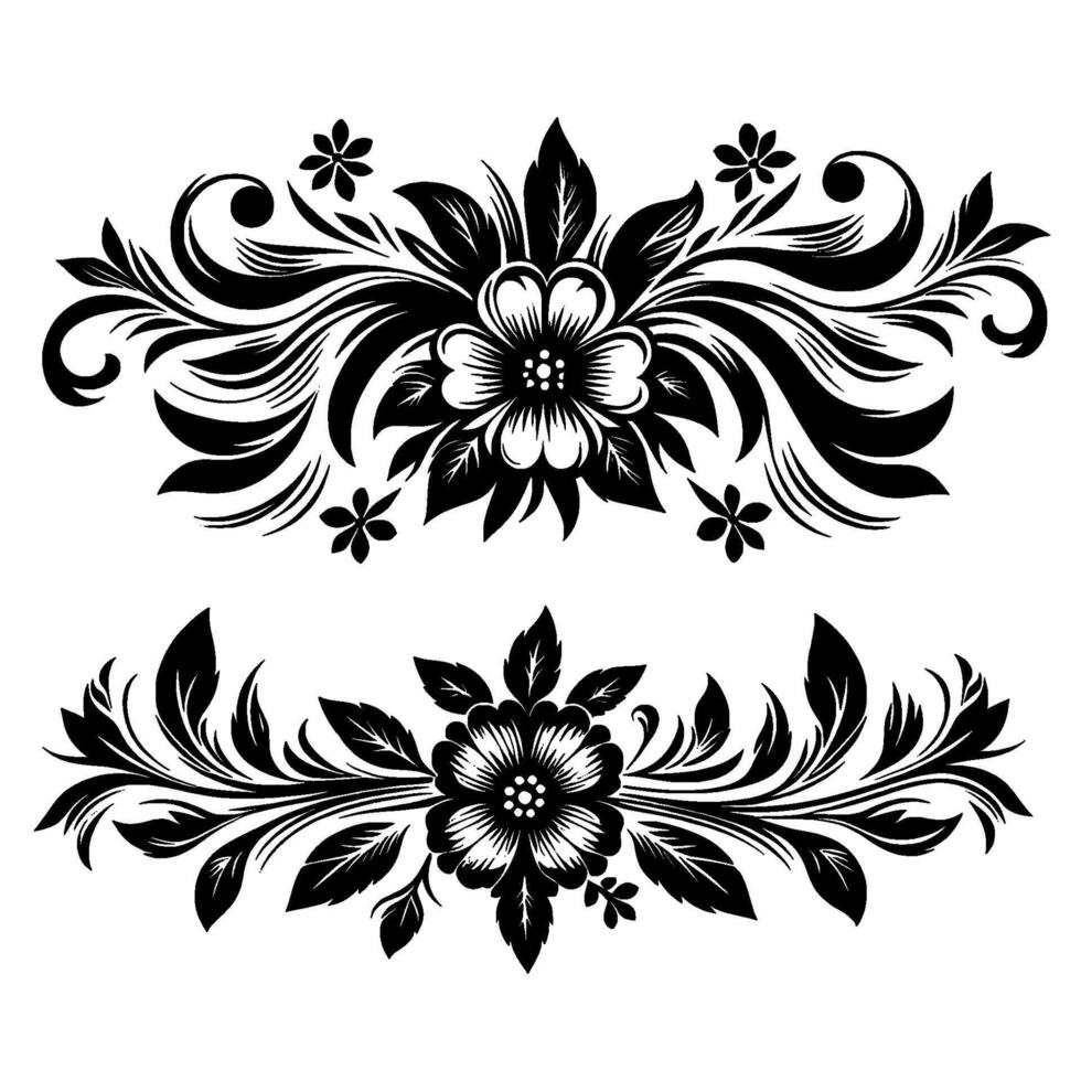 Black and White Floral Embellishments Symmetrical, Flourished Designs with Flowers, Leaves, and Swirls on a White Background vector