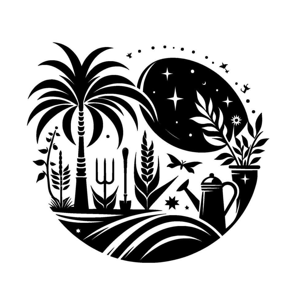 Serene monochrome garden scene within a circular frame, featuring a palm tree, plants, tools, night sky, and a watering can. vector