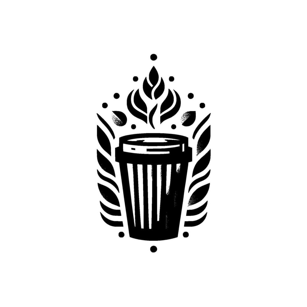 Black and white illustration of a coffee cup with abstract leaves and dots, steam rising upwards in a decorative , symmetrical, on white background. vector