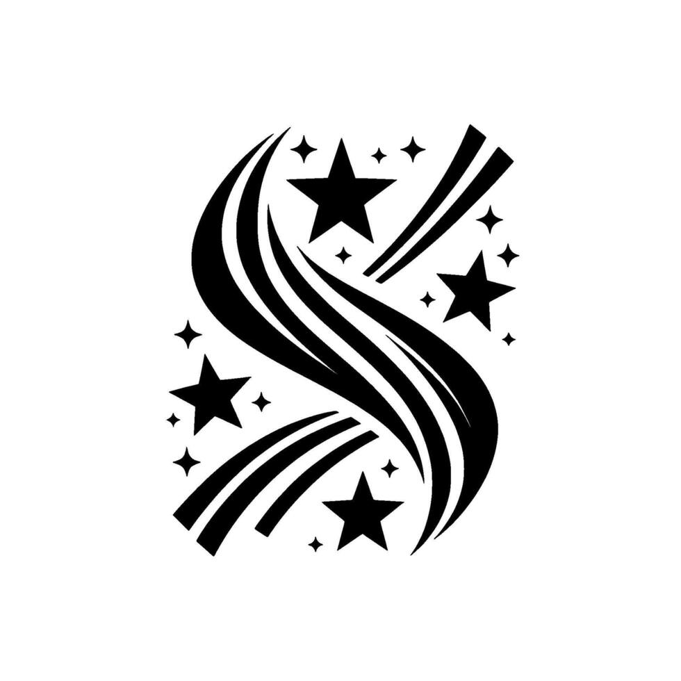 A stylized black and white featuring a swirling S shape formed by textured lines, adorned with stars of varying sizes, set against a stark white background. vector