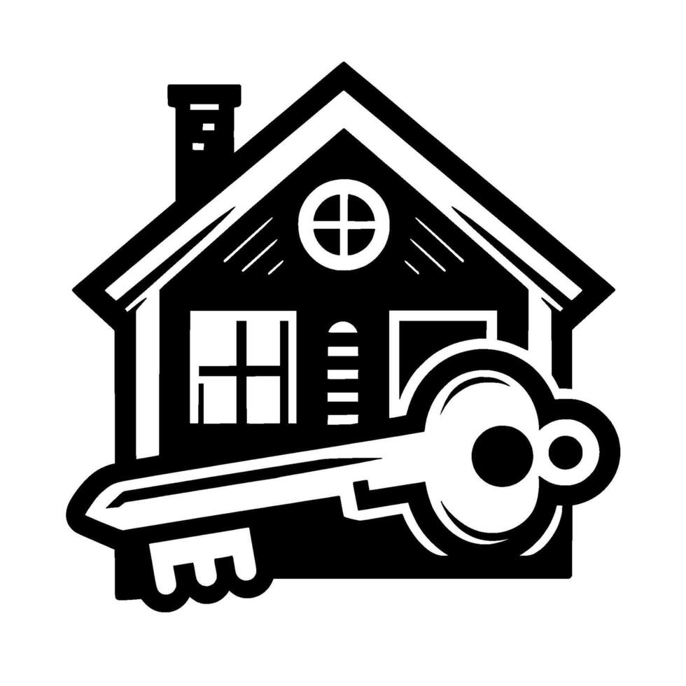 Black and White House with Key Symbol of Real Estate, Homeownership, and Security. vector