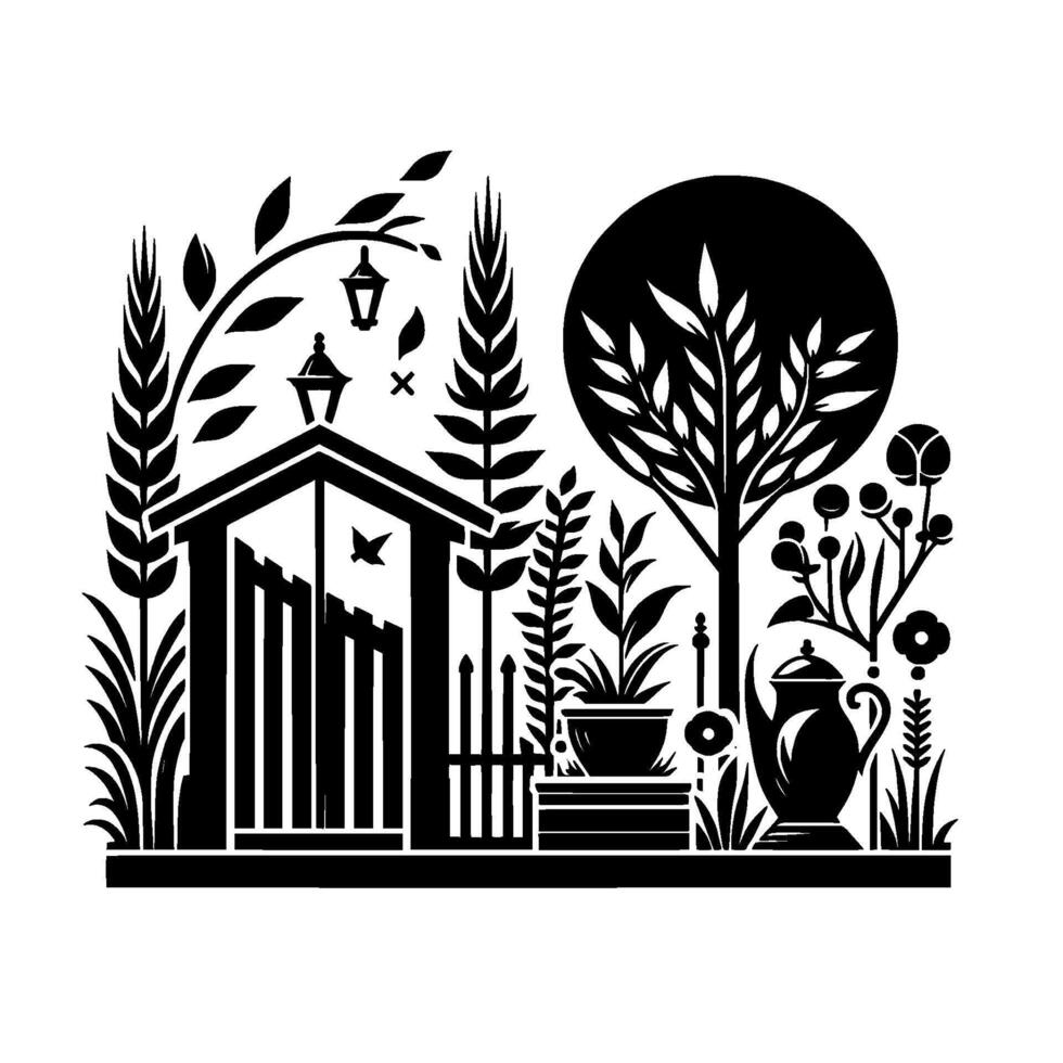 Black and white illustration of a stylized garden scene with a gate, plants, trees, teapot, and decorative elements. vector