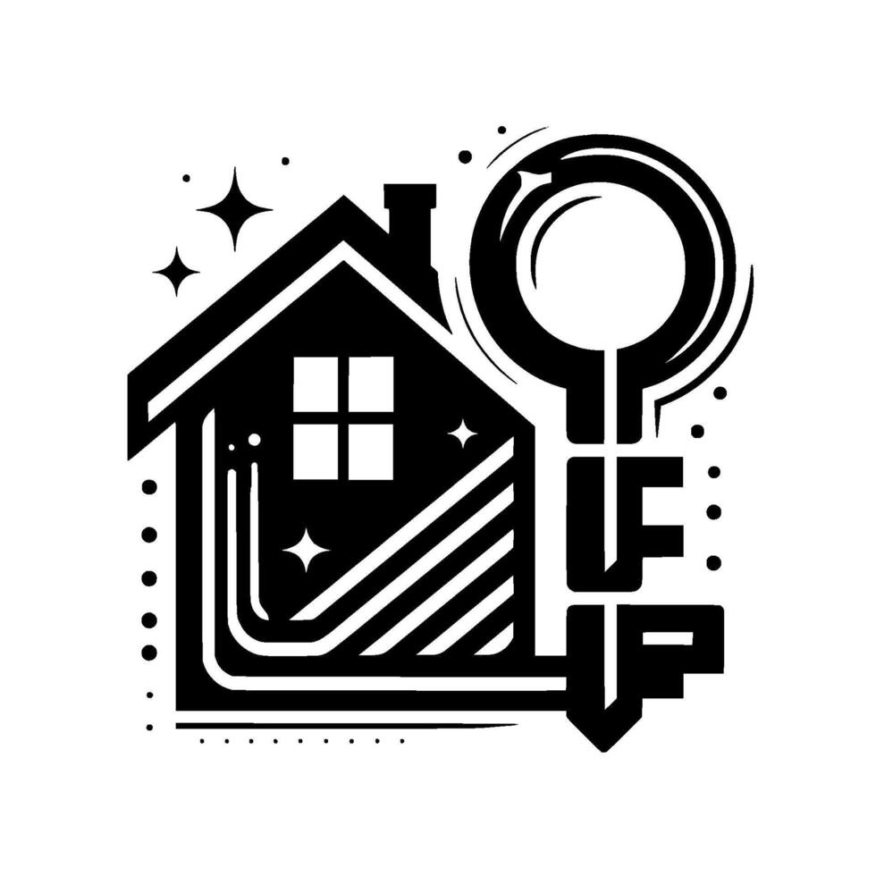 Stylized Black and White Home with Key Symbol Real Estate Concept Depicting Security and Ownership, with Sparkle Accents. vector