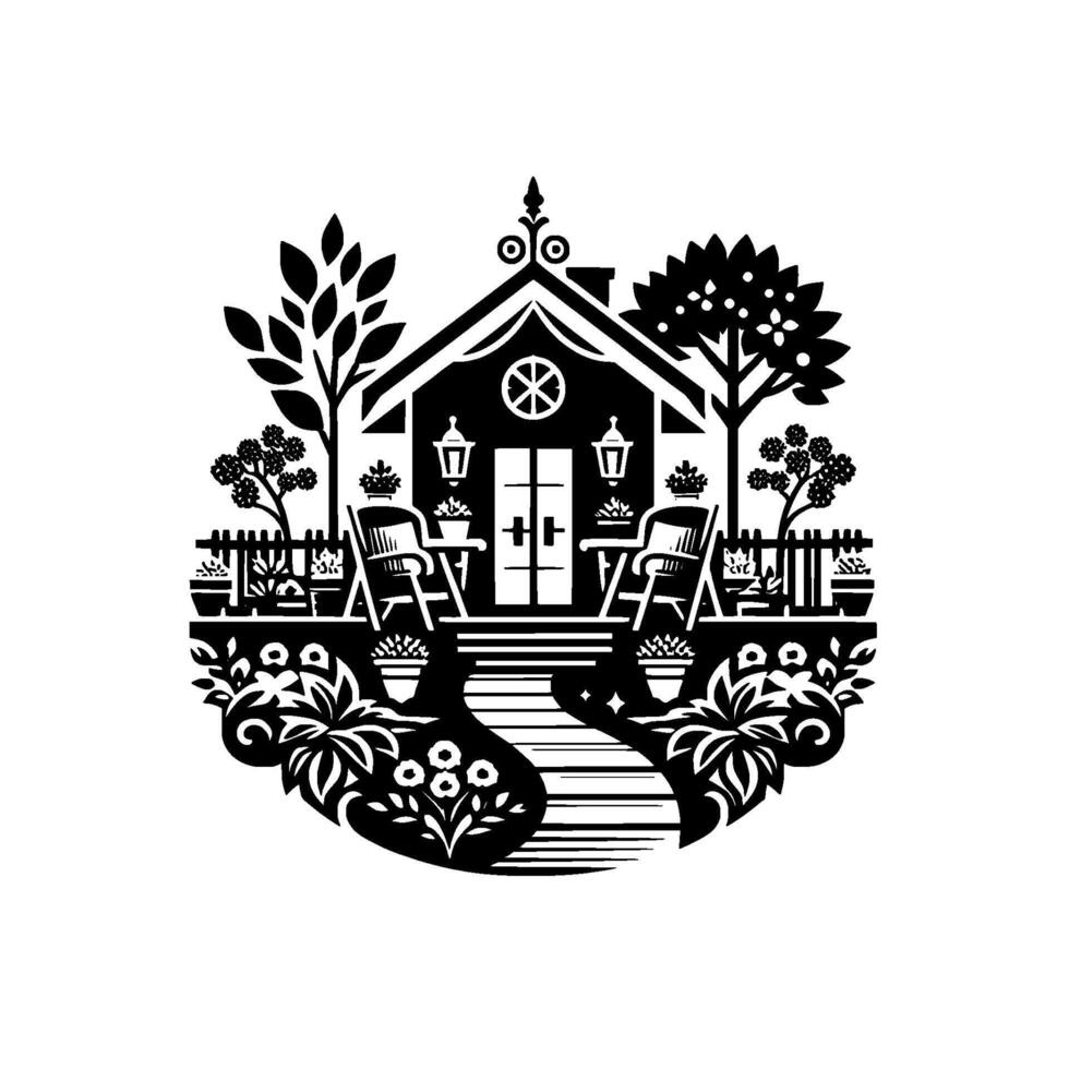 Whimsical Garden Retreat Black and White Illustration of a Charming Cottage with a Floral Pathway, Fenced Yard, Trees and Decorative Elements, Exuding Tranquility. vector