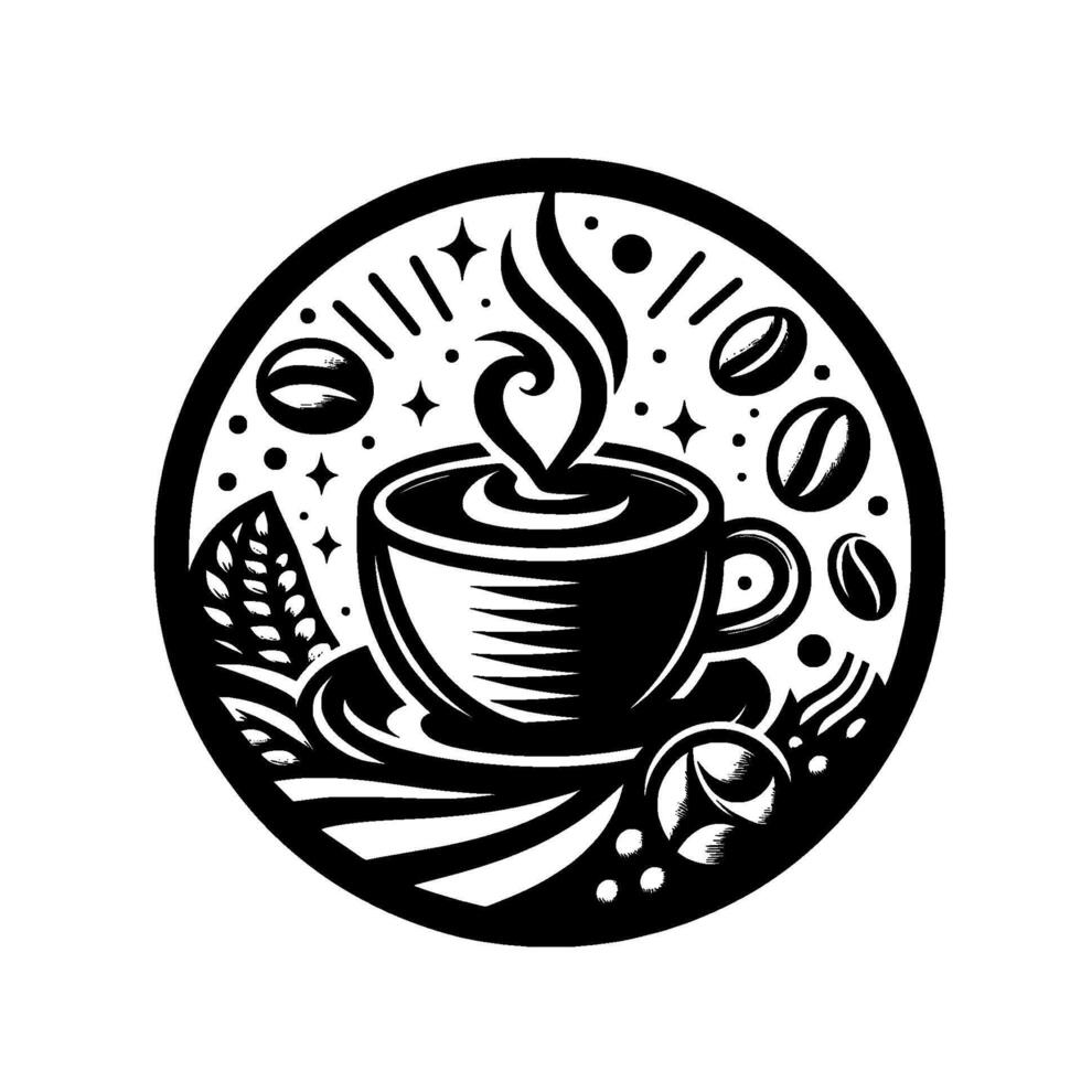 Intricate Black and White Coffee Cup in a Circular Frame, Featuring Steam, Beans, and Decorative Elements. vector