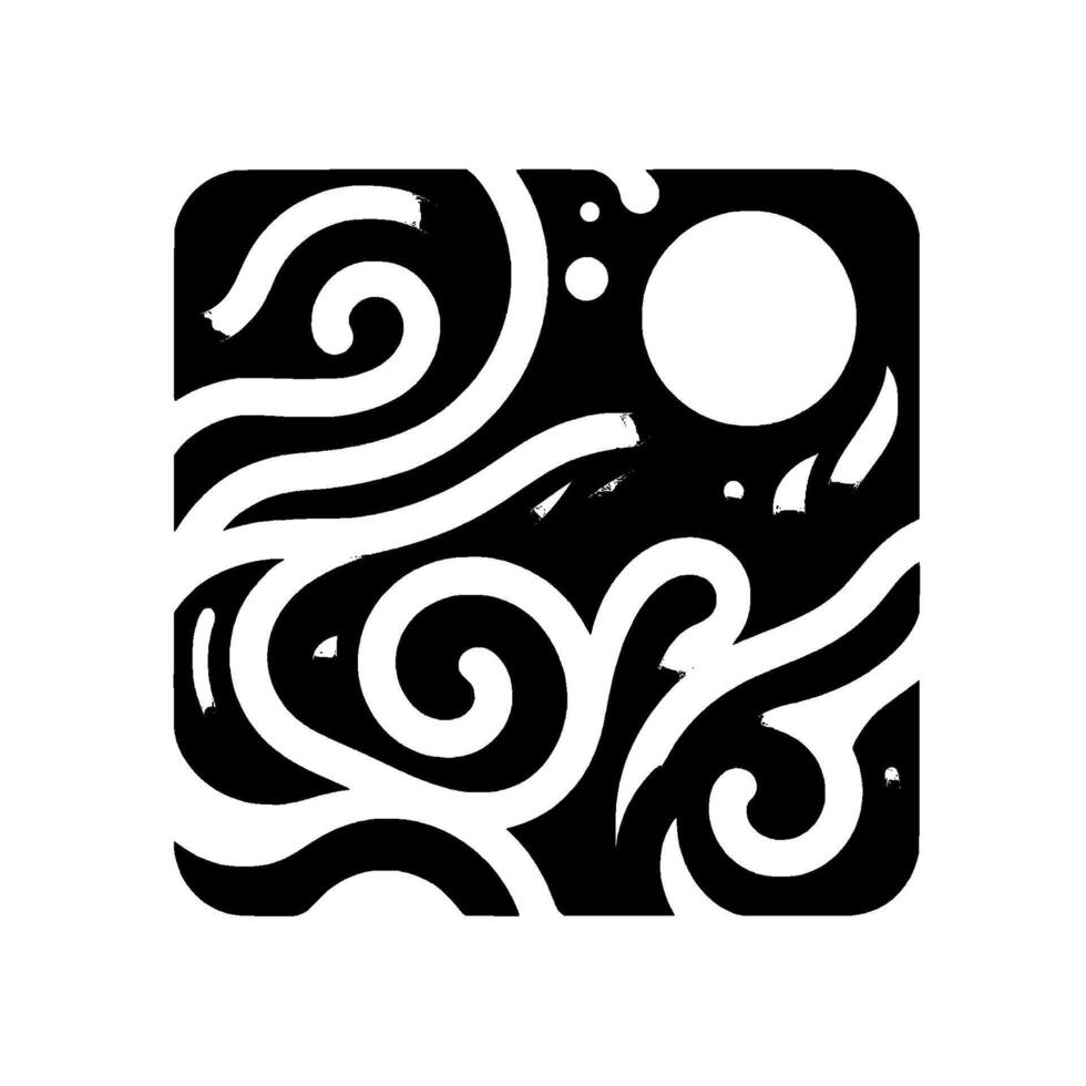Abstract black and white digital illustration featuring rounded square frame, swirling shapes, gradient, and moon. vector