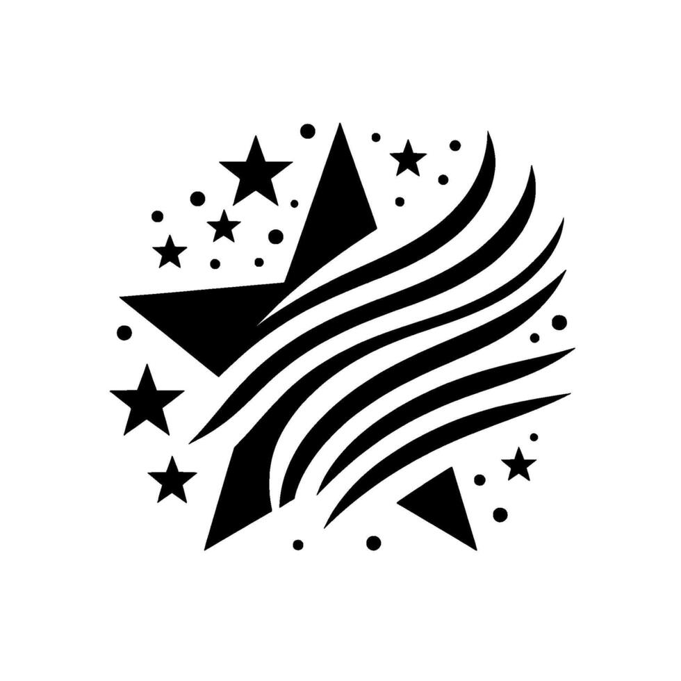 Black and White Starburst with Stars, Dots, and Curving Lines on White Background. vector
