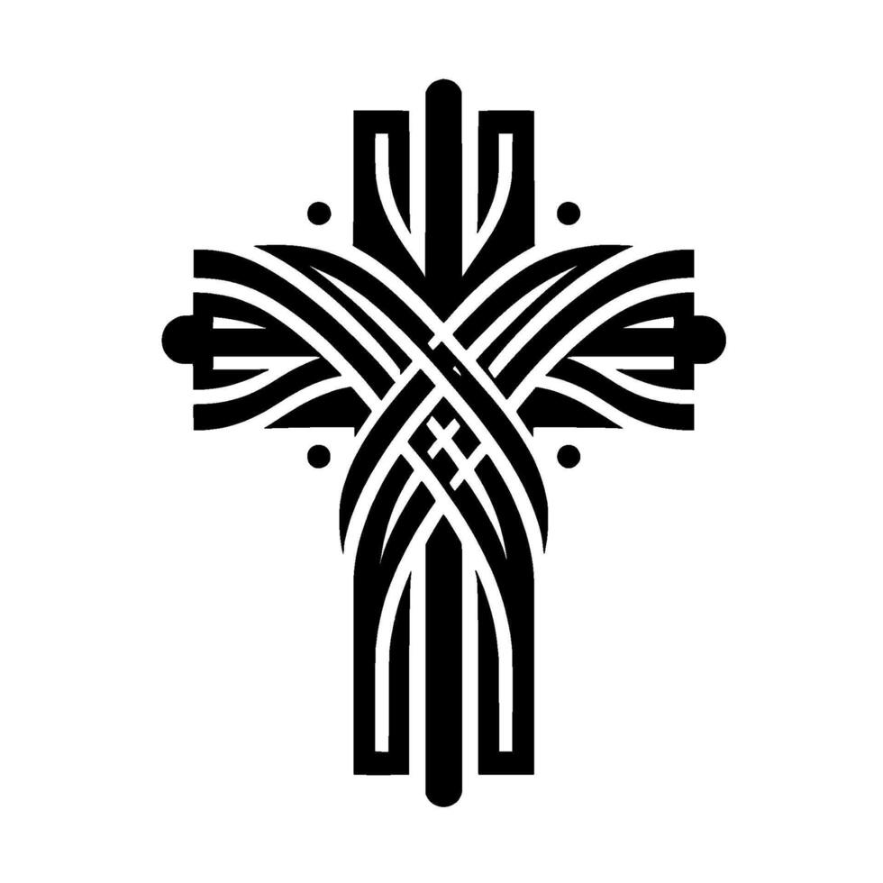 Black and White Cross with Intricate, Woven Lines and Ornate, Modern Aesthetic on White Background vector