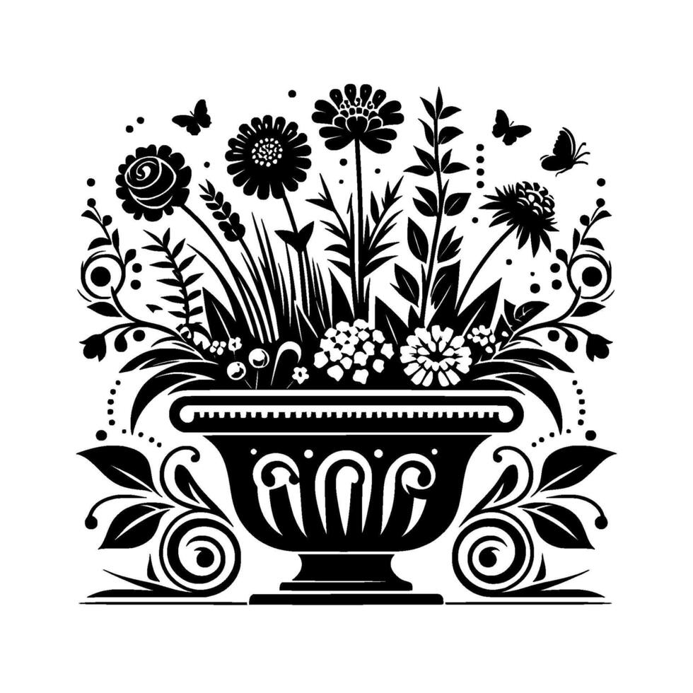 A detailed black and white illustration of a flower arrangement in a decorative urn with floral accents and butterflies. vector