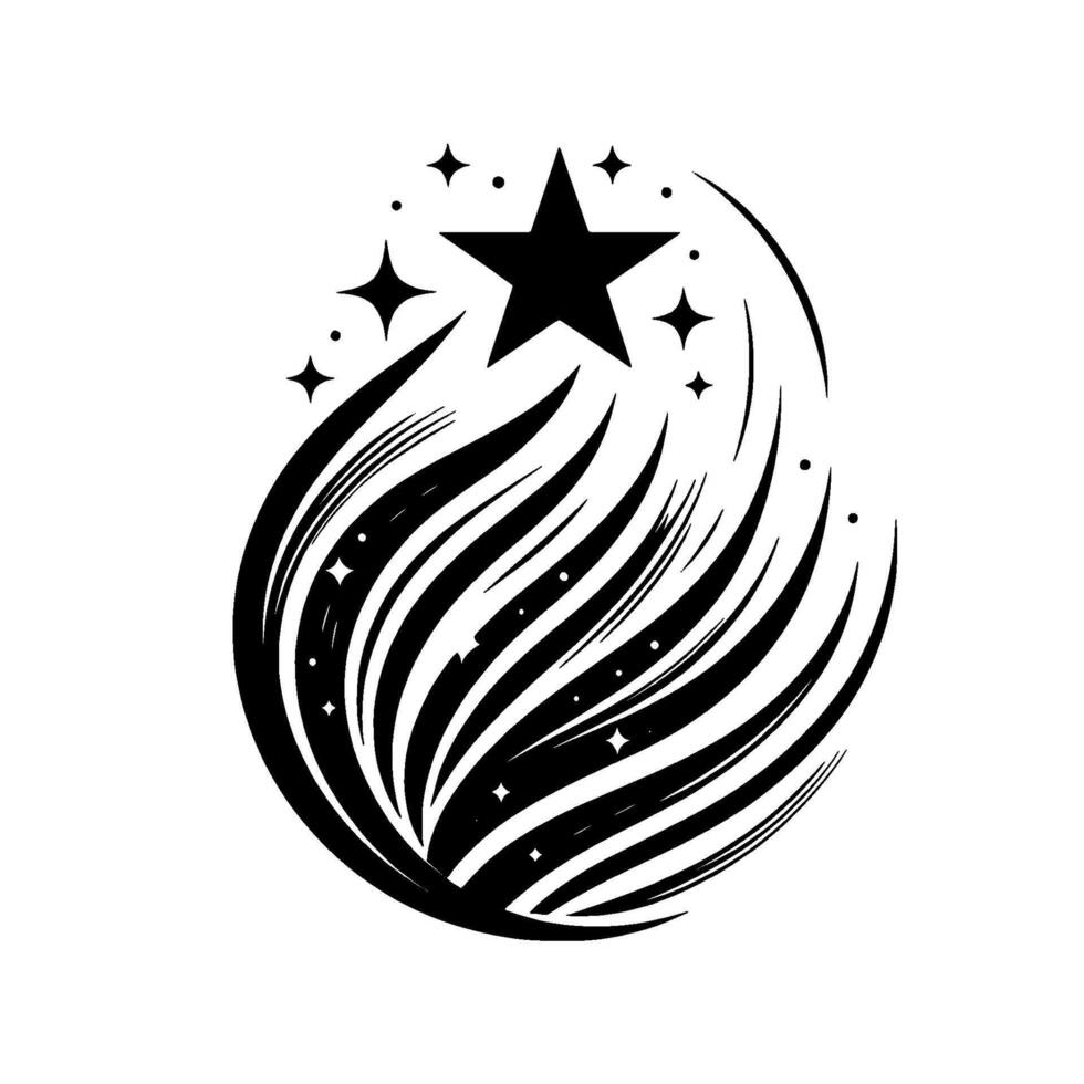 A minimalist black and white illustration featuring a large fivepointed star amidst a stylized cosmic burst, evoking motion and energy. vector