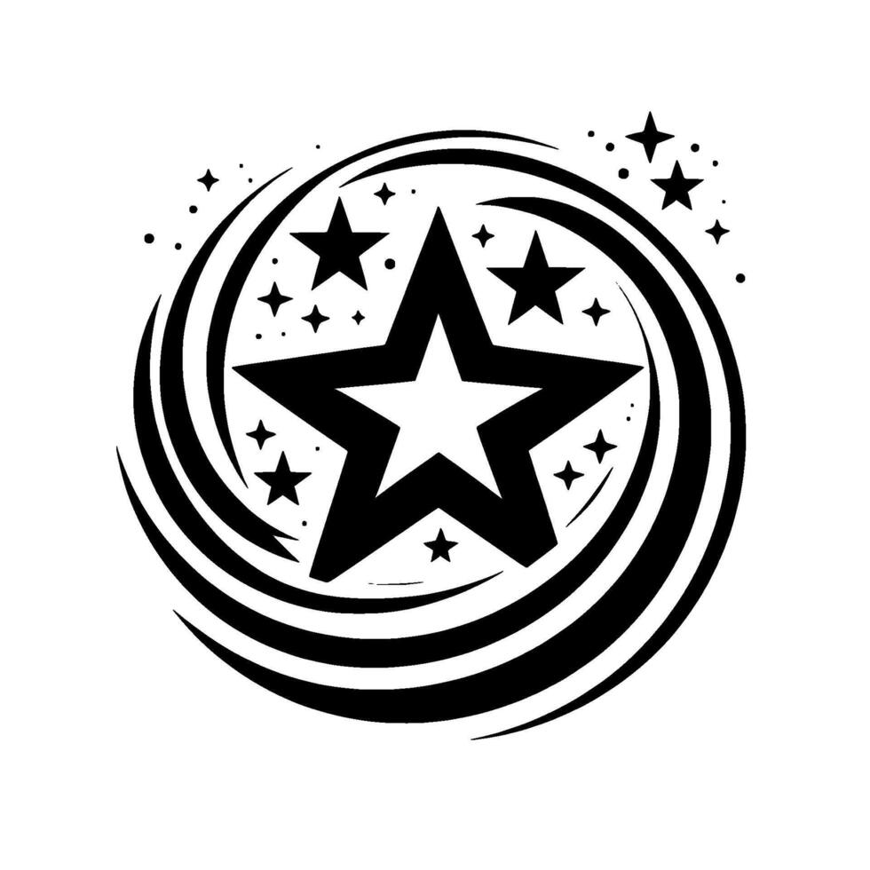 Bold Black and White Starburst with a Central Star Encircled by Swirls and Smaller Stars, Minimalist and Elegant vector