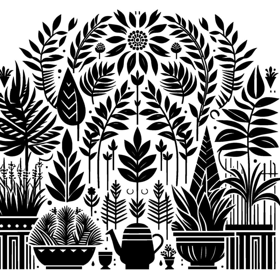 A symmetrical, black and white botanical illustration featuring diverse stylized plants, foliage, pots, and a teapot. vector