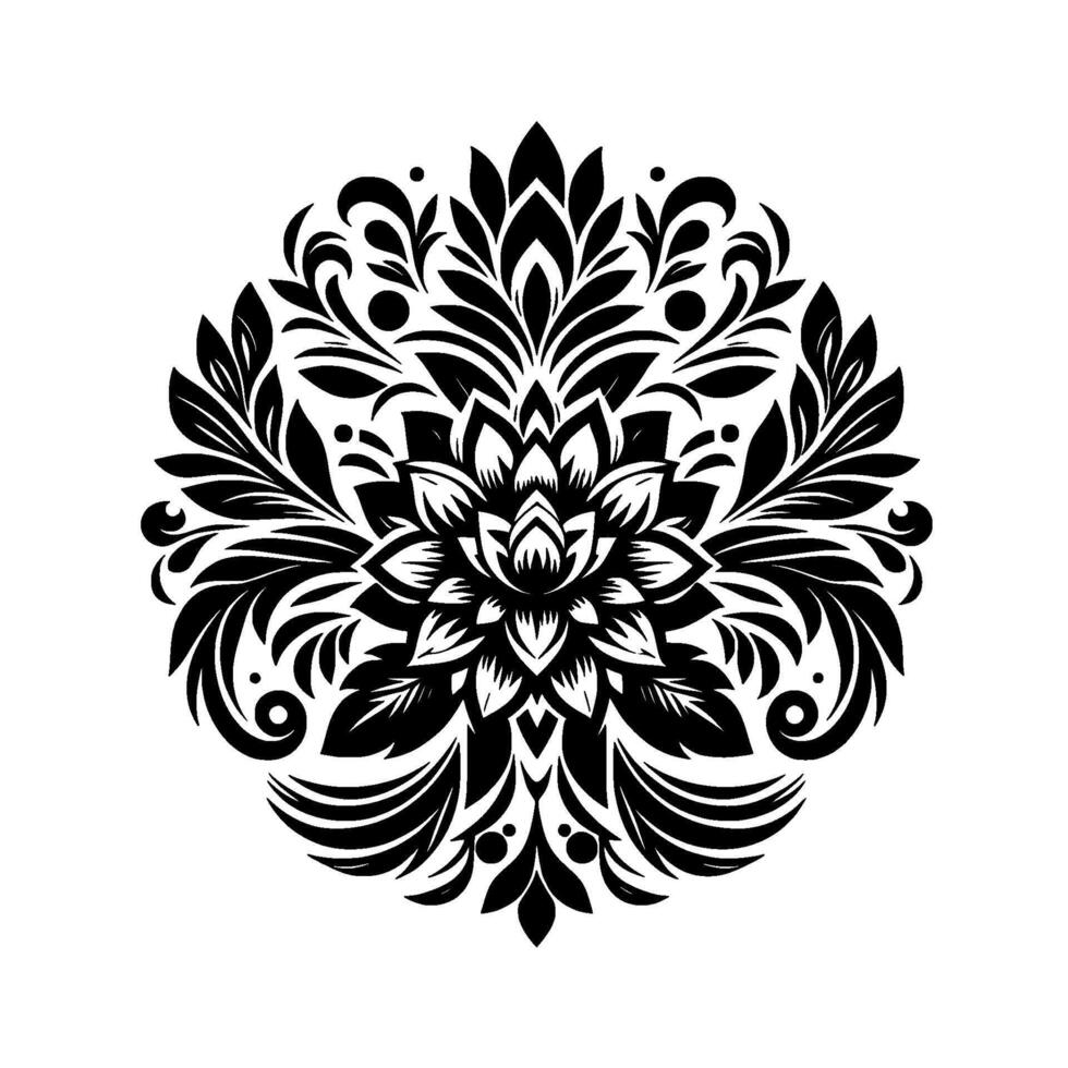 Intricate Black and White Floral Mandala with Leafy Elements and Symmetric, Ornamental Arrangement on White Background. vector