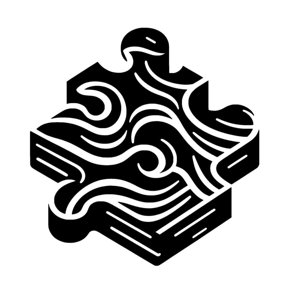 Isometric, stylized black and white puzzle piece with organic, swirling lines and solid geometric sides, set against a minimalist white background. vector