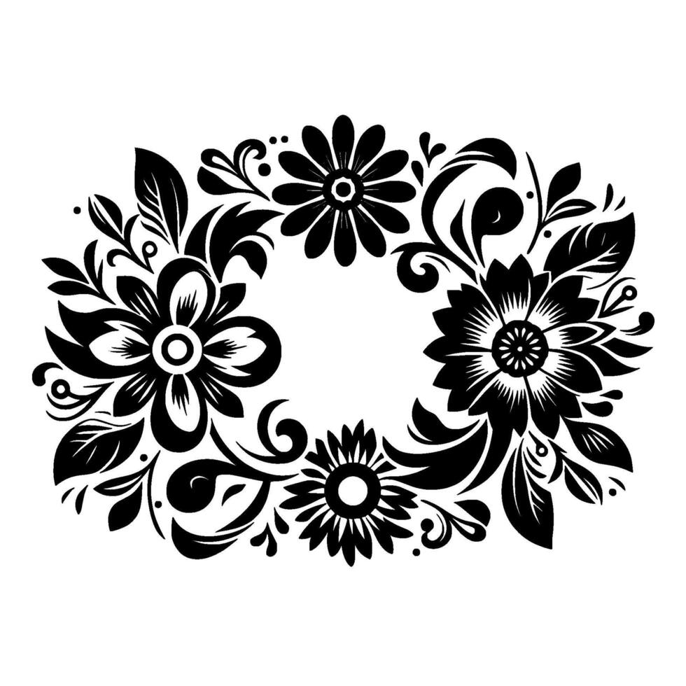 Intricate Black Floral Wreath on White Background Featuring Stylized Flowers, Leaves, and Ornate Details vector