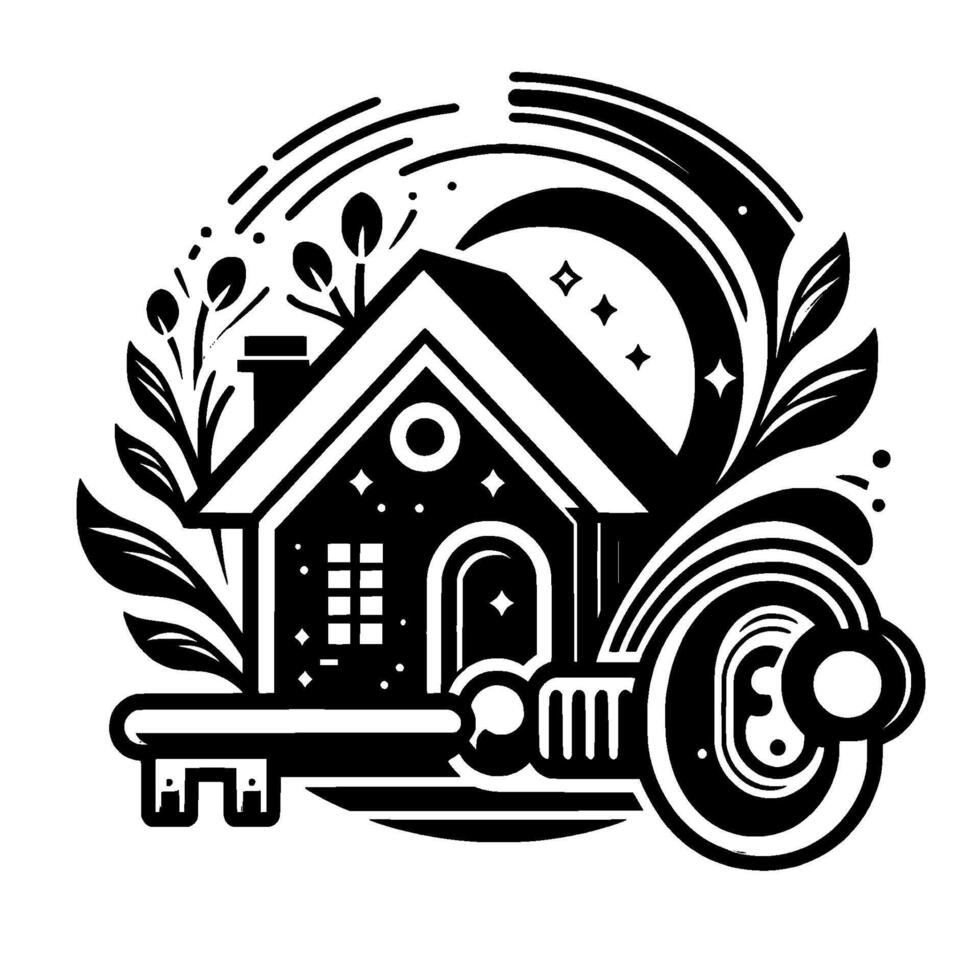 Black and white stylized house key illustration within a circular organic frame with stars, leaves, and crescent moon. vector