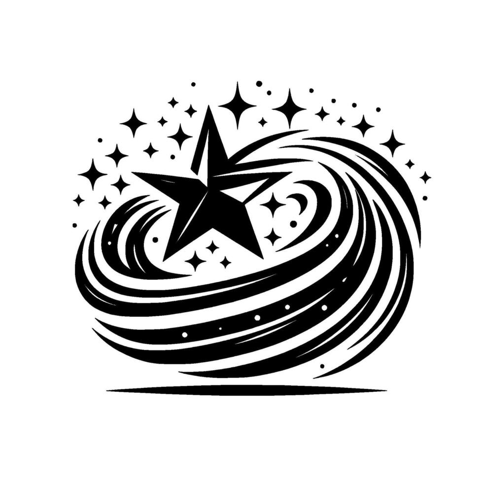 Celestial Black and White Illustration Central FivePointed Star Surrounded by Swirling Energy and Celestial Elements, Evoking Cosmic Motion. vector