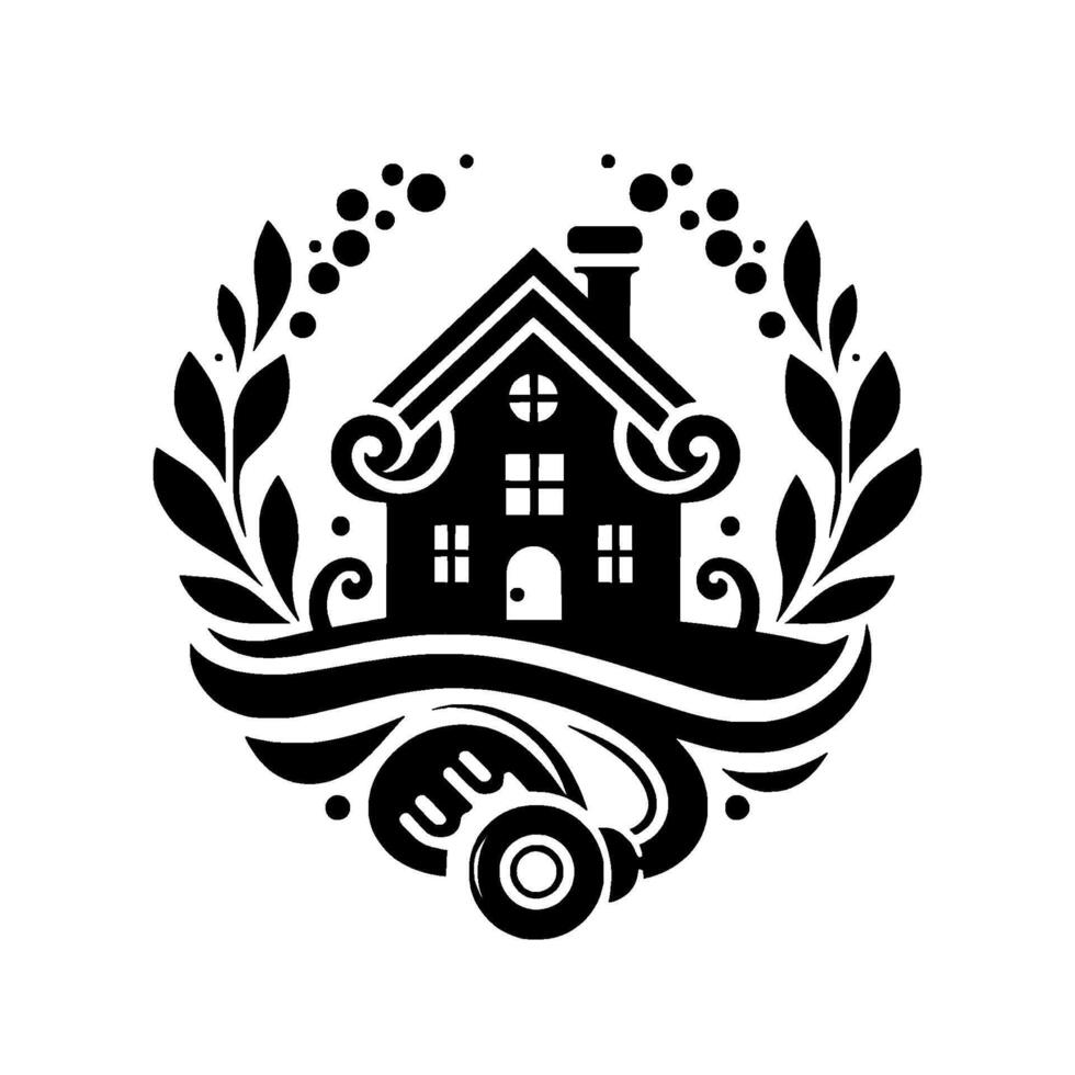 Illustration of a Black and White Home Within a Decorative Floral Wreath and Swirl , Isolated on White. vector