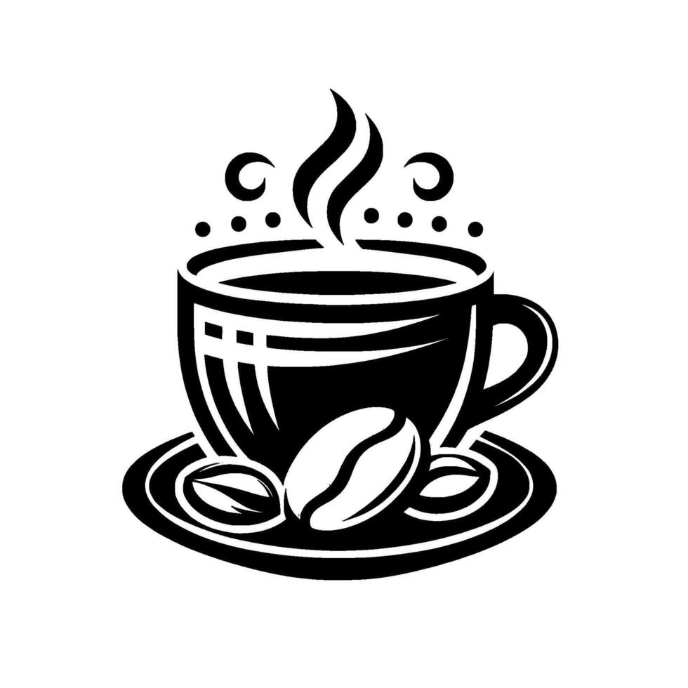Sleek Black and White Coffee Illustration Steaming Cup, Beans, and Saucer. Minimalist . vector