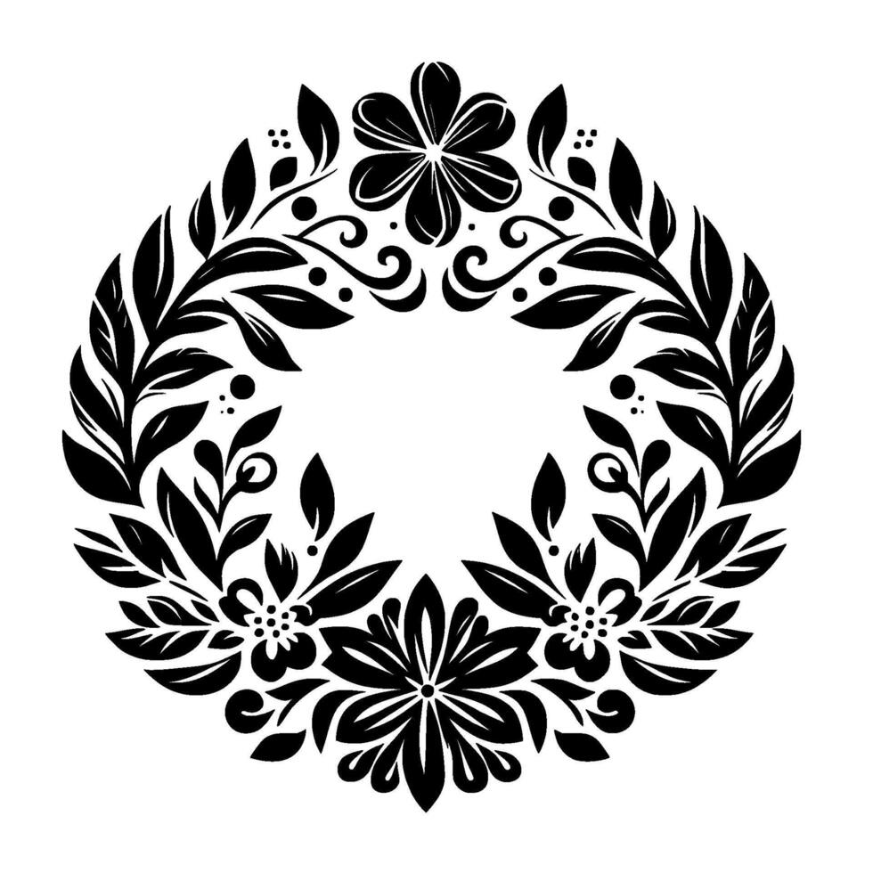 Intricate Black White Floral Wreath Leaves, Blossoms, and Curling Vines in a Symmetrical Arrangement. vector