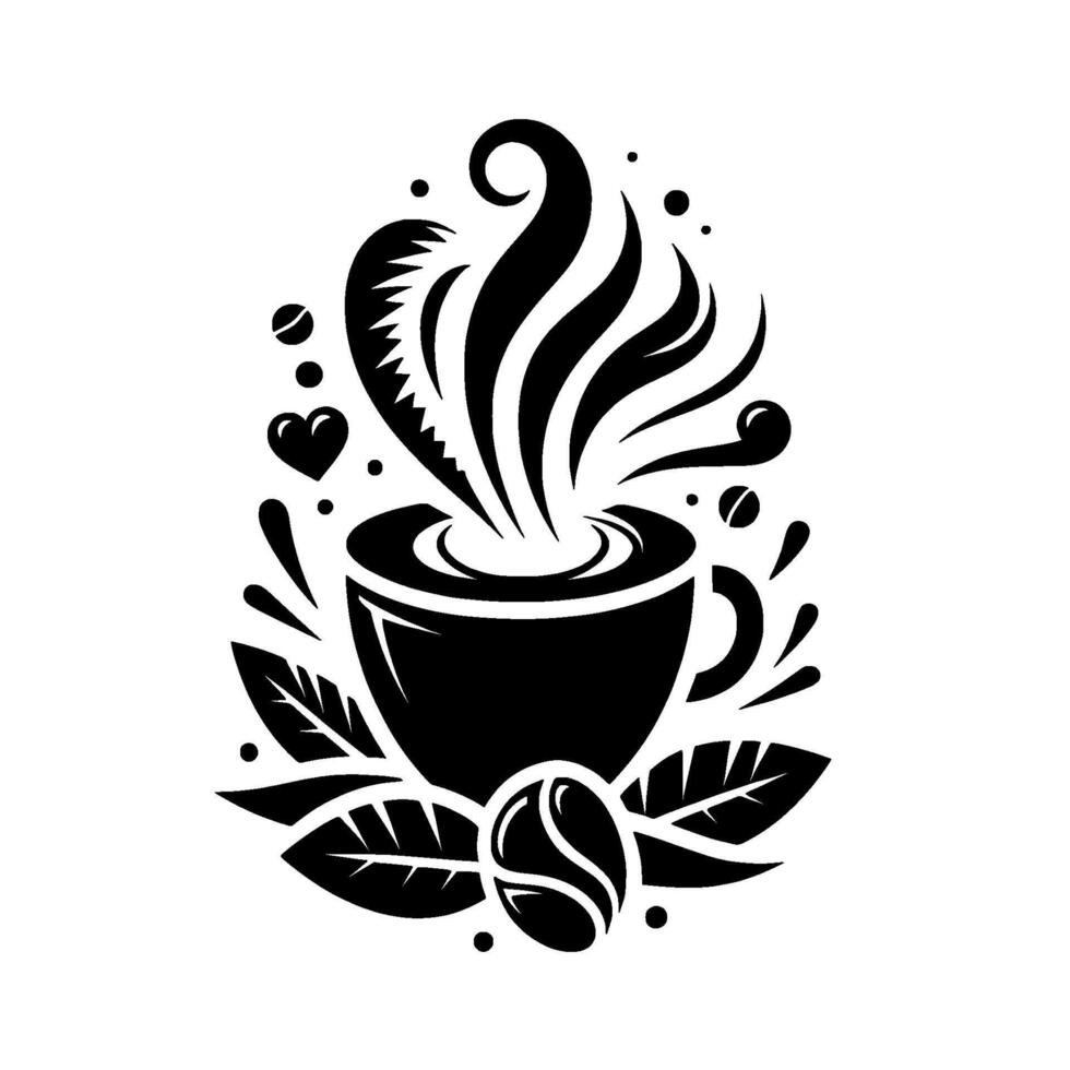 Stylized Black and White Coffee Cup with Steam, Bean, Leaves, Hearts, and Decorative Elements on White Background. vector