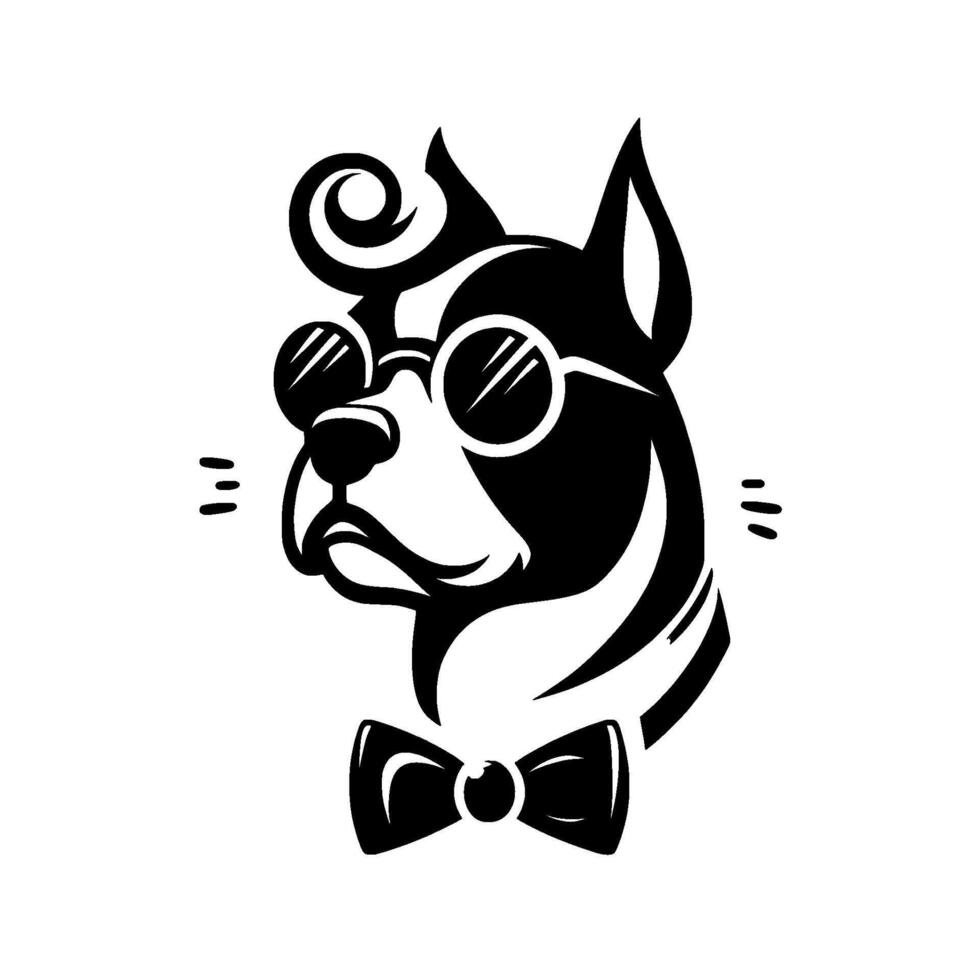 Hipster Boston Terrier in Monochrome A Stylized Dog Portrait Wearing Sunglasses and Bowtie, Isolated on White. vector